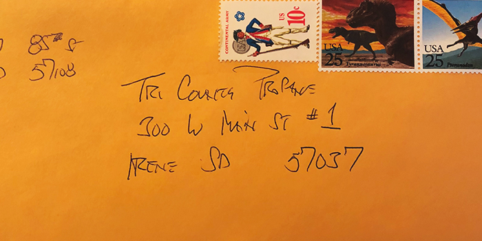 Front of Orange Manilla Envelope addressed with three stamps in upper right corner
