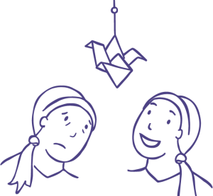 Illustration of two ladies looking up at a hanging mobile