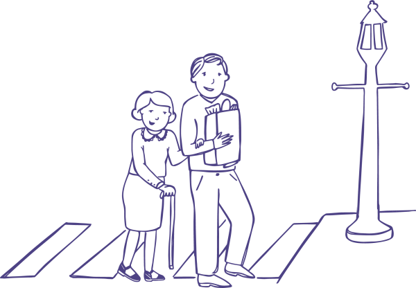 illustration of a young man walking an elderly woman across the street